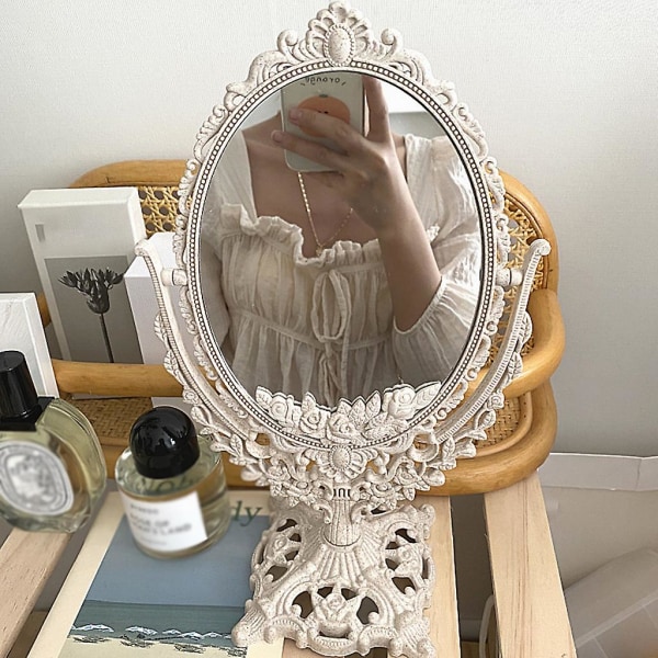 Lille ovalt makeup-spejl Nice Carved Flip Mirror Desktop Standing Glass Mirror