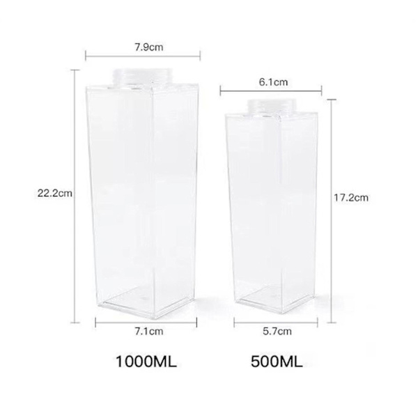 Mjölkkartong Vattenflaska Genomskinlig Fyrkantig Mjölkflaskor Plast Läckagesäker Kopp 1000ml, Återanvändbar Transparent Mjölk Kartong Vattenflaska 2pcs-500ml