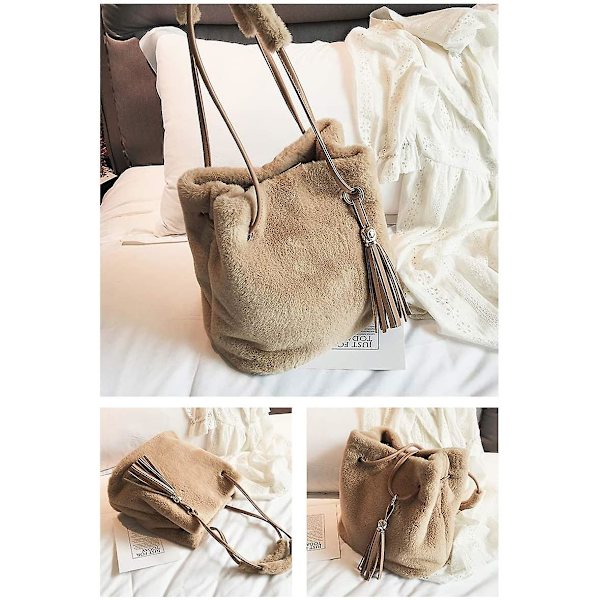 Kvinnor Höst Vinter Konstgjord Päls Axelväska Plysch Handväska Fluffy Hinkvässel Tofs Crossbody Väska Gray