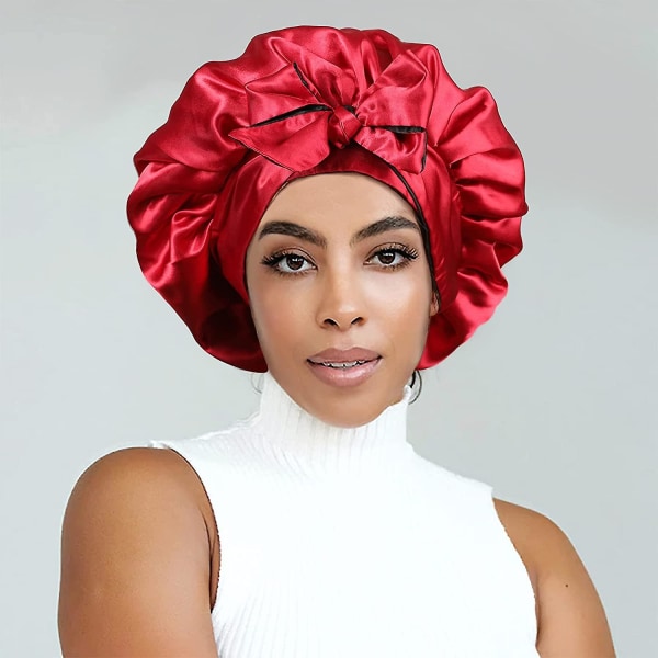 Satin Bonnet Silke Sleep Cap Hair Bonnets For Black Women Stretchy Tie Band Hår Black red