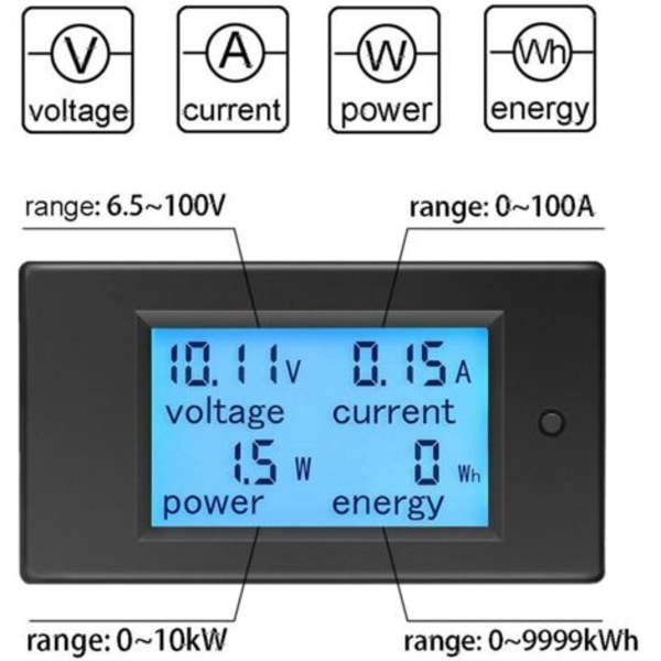 12V Voltmeter Amperemeter Testindikator Spänning Ström Effekt Energi Digital DC 6.5-100V 100A Volt Ampere Watt Multimeter LCD-Displaypanel