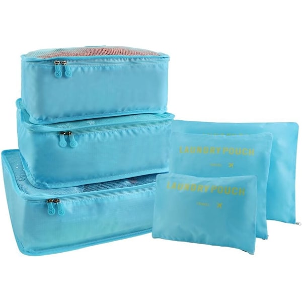 Reisearrangør Pakkeposer, 6 PCS Reisepakkekuber Sett for Klær Reisebagasje Organisasjonslagerposer Light Blue