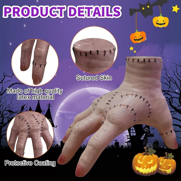 Halloween Decorations Thing Hand, 2 ST Onsdags Latex Palm Realistiska läskiga rekvisitadekorationer, Onsdags Addams Family Hand för onsdagens temafest