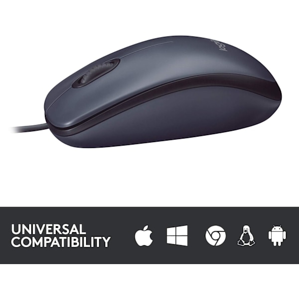 Logitech B100 Trådbunden USB-mus, 3 knappar, optisk spårning, ambidextrös PC/Mac/bärbar dator -