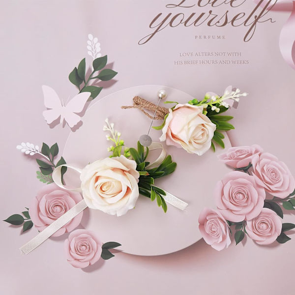 Håndledsblomster til bryllupper, blomsterhåndledsbuket sæt kunstig bryllupsrose brud håndledsblomster blomster buket til galla (Champagne)