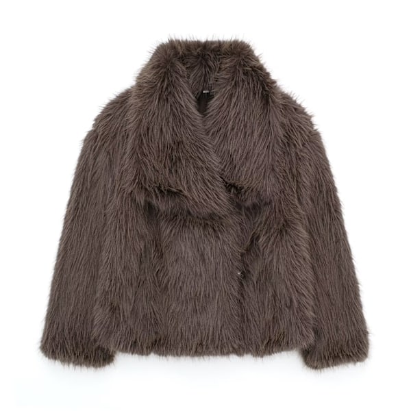 TRAFZA - Korte syntetisk skinnjakke for kvinner, tykk og varm langærmet jakke, ensfarget, elegant, trendy, vinterjakke Brown M
