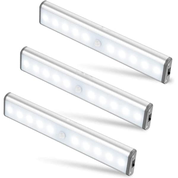 Sett med 3 trådløse 10 LED-lys, USB-oppladbare, portable hvite
