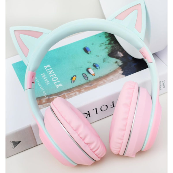 Børns Bluetooth-hovedtelefoner Over Ear, LED Light Up Cat Ear Børne-hovedtelefoner, Foldbare Stereo-hovedtelefoner Trådløse Kablede hovedtelefoner