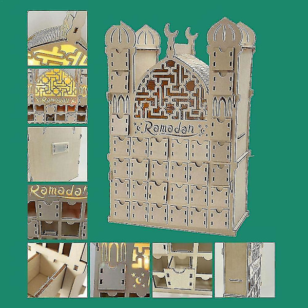 Ramadanin adventtikalenteri, puinen uudelleenkäytettävä adventtikalenteri 30 laatikolla, Eid Mubarak -koriste, R