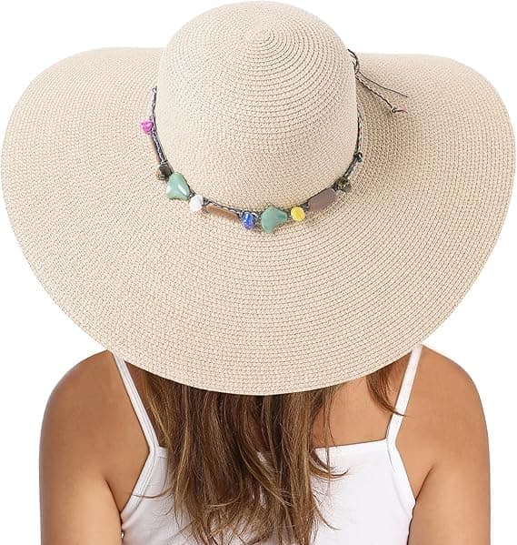 Dame Bredbremmet Halmhatt Floppy Foldable Roll up Cap Strand Solhatt UPF 50+ Beige