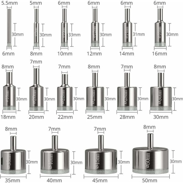 15-osainen reikäsaha, timanttireikäsaha 6-50 mm lasinporausreiän työkalu