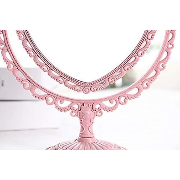 Svingbart sminkespeil på bord med 2x forstørrelse Vintage speil, kompatibel med toalettbord på soverommet (rosa)