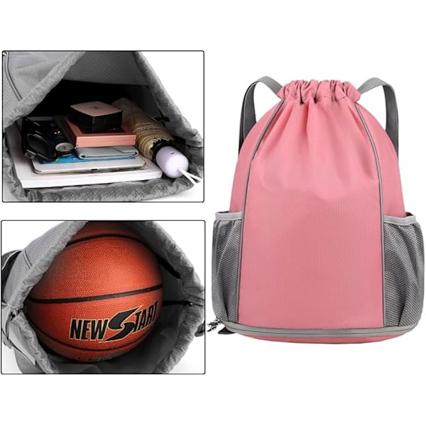 Gym Bag String Svømme PE Bag Sport Gym Drawstring Bag Vanntett Drawstring Sport Bag med Utvendig Glidelås for Sport Strandferier Svømming Reise Pink