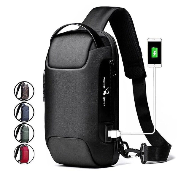 Herre Crossbody Bryst Sling Bag Vandtæt Anti-tyveri Rygsæk Usb Opladningsport Black