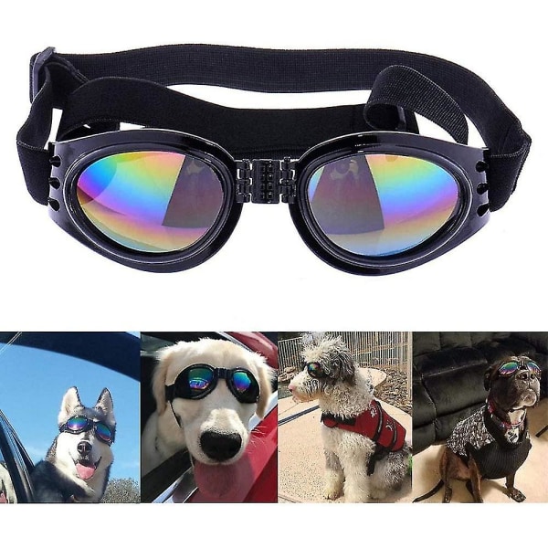 Hundebriller, justerbar rem, beskyttelsesbriller til rejser, skiløb, vandtæt UV-beskyttelse til hunde (sort) Hy