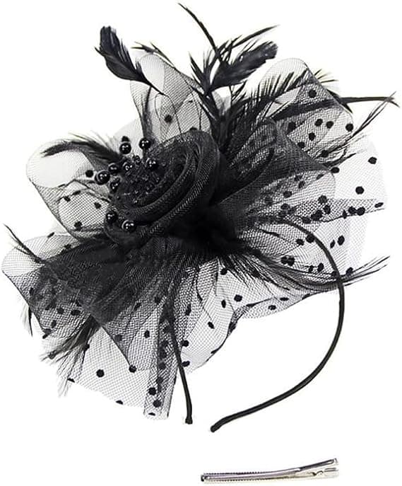 Fascinator Hat til kvinder, damer, bryllup, te-selskab, flapper, pillbox hat, ascot, racerhat, fjer, blomst (sort)