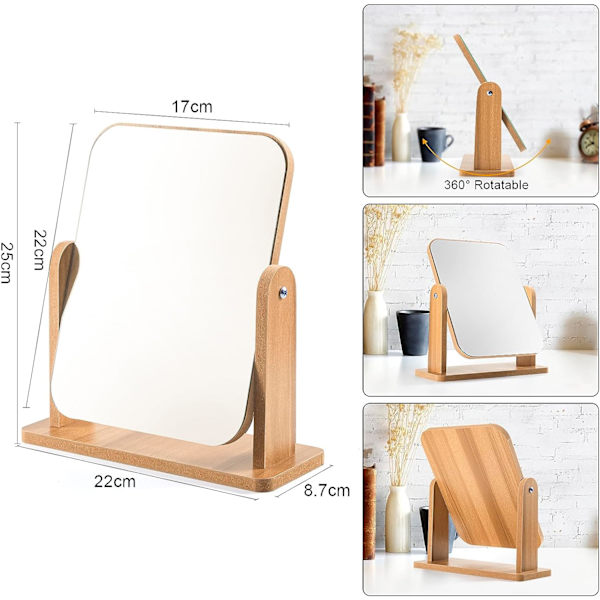 Træ Makeup Spejl Sminkebord Spejl 360° Drejelig Bord Spejl Kvadrat Spejl til Sminkebord Skrivebord, Badeværelse, Soveværelse