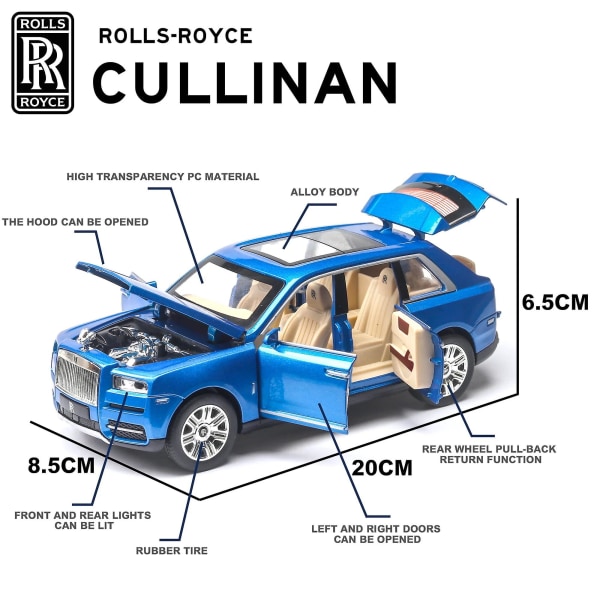 1:24 Rolls Royce Cullinan Legering Bil Model Stor størrelse Simulering Suv Metal Bil Model Lys Lyd Pull Back Skala Bil Miniatur Bil Blue send box E