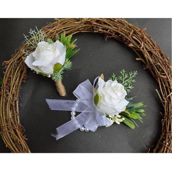 2 stk. Hvide Rosen Håndled Blomster og Mænds Bryllupsblomster Bryllupsceremoni og Håndled Corsage, Brude Bryllupsblomster Tilbehør