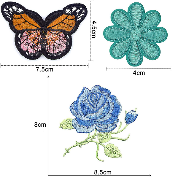 16 stryge-på applikationer til tøj blomster sommerfugle syning flerfarvet