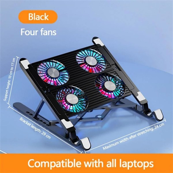 Bærbar computer kølestativ, sammenklappeligt lydløst bærbart stativ, bærbart stativ til bærbare computere med USB-opladningsplots Kølestativ til tablet-bærbare computere Four fans