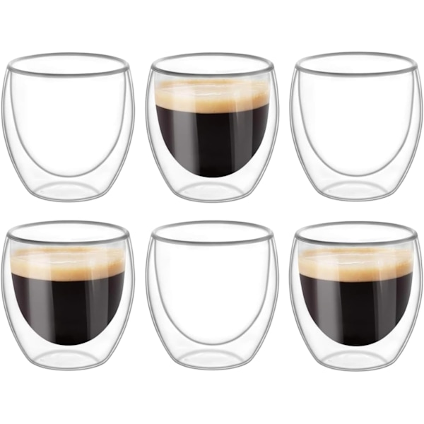 6 stk. dobbeltvæggede kopper glas krus, klare dobbeltvæggede kaffekopper, dobbeltvæggede, cappuccino, latte og isolerede (80 ml)