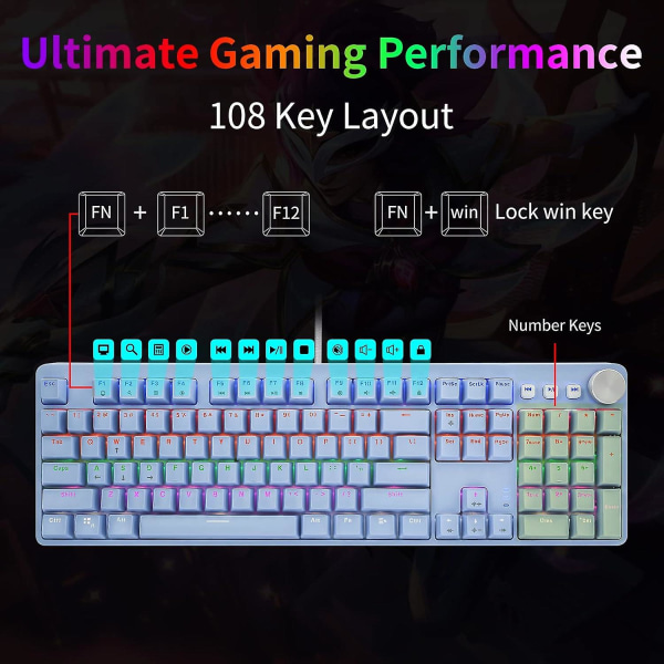 Mekanisk Gaming-tastatur, USB-kablet med røde brytere, regnbue LED-bakgrunnsbelysning, multimedietaster, 108