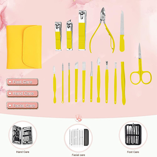 Manikyrset 16 i 1 nagelklippare set, nagelklippare, fingernaglar & tånaglar, manikyrverktyg, pedikyrverktyg, lämplig för resemanikyrset yellow