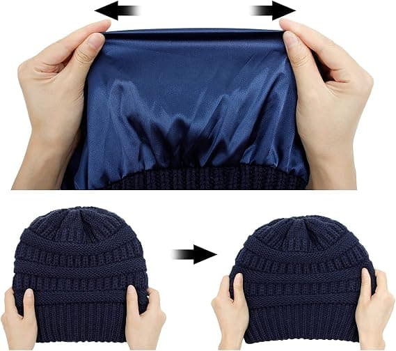 Vintervarm Stickad Mössa med Satinfoder Kabel Stickad Beanie Chunky Slouchy Skallehatt för Kvinnor Navy