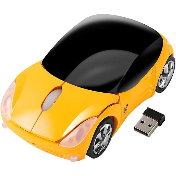 2.4 GHz:n langaton hiiri, hieno 3D-urheiluauto, ergonominen optinen hiiri USB-vastaanottimella PC-kannettavalle tietokoneelle, naisille, pienille käsille (keltainen)