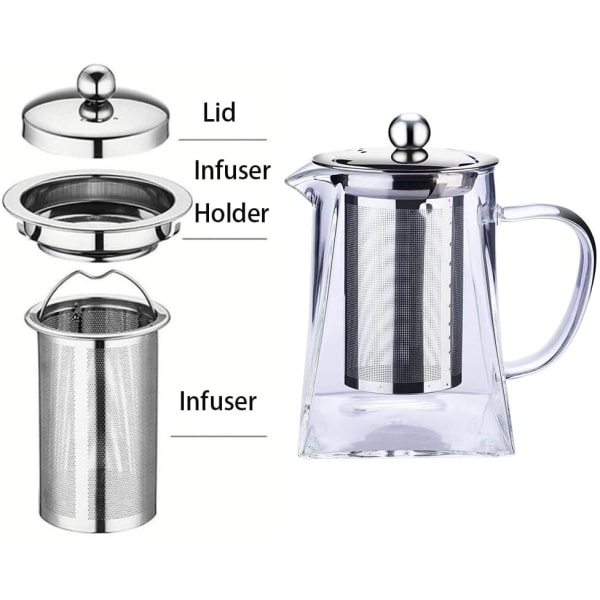 Klar glass tekanne med infuser te sil pot rustfritt stål i firkantet form tekanne med infusere for løs te og kaffe (750ML-Square)