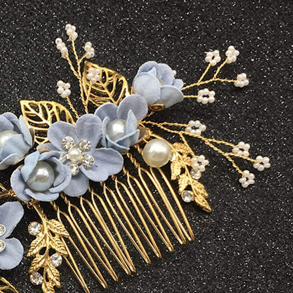 Bryllupshårkam Perle Krystall Dekor Klips Pin Rhinestone Blomst Bryllupshår Tilbehør for Brud Brudepike Blå