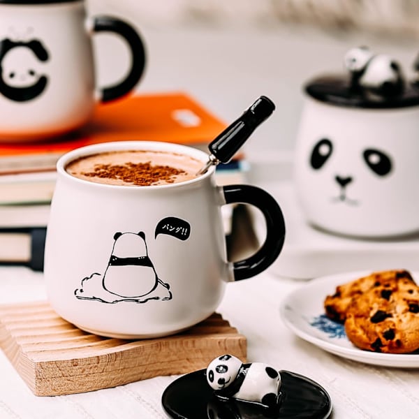 Søt keramisk kaffekopp med lat panda, 3D panda-lokk og skje, 3D panda kaffekopp, krus, nyhet kaffekopp, tekopp, melkekopp, gaver