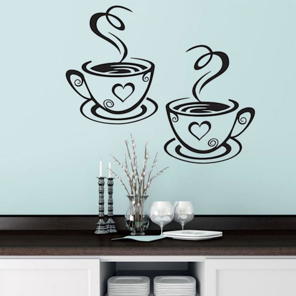 Kaffekopper Klistremerker | Kaffe Te Veggkunst Vinyl Klistremerke for Kjøkken, Restaurant, Pub | Dekorer Veggene Dine med Stilig Kafé Tema Kunst black