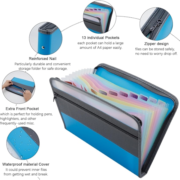 Udvidelige filmapper, 13 lommer dokumentarrangør med lynlås, A4 brevstørrelse bærbare harmonika udvidelige filmapper med 27 stk flerfarvede etiketter Blue