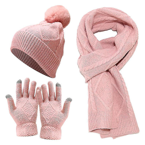 Vintermössa + lång halsduk + vantar Set för kvinnor och män - pink