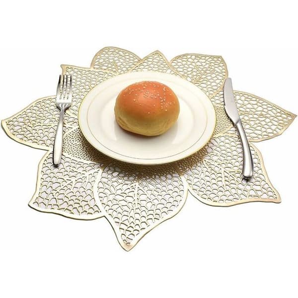 Sett med 6 vaskbare, isolerende spisebrikker, blomsterstil, PVC, gull, 44 x 46 cm