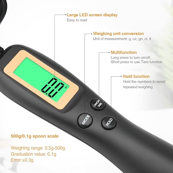 Digital mätning sked, vägnings sked skala 500g / 0.1g hög precision med LCD-skärm display för kök Black