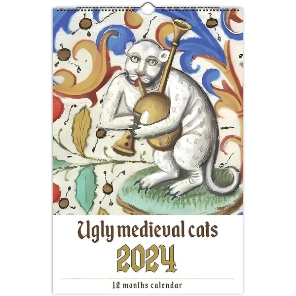 Keskiaikaiset kissamaalaukset kalenteri 2024, rumat keskiaikaiset kissat kalenteri 2024, rumat keskiaikaiset kissamaalaukset seinäkalenteri, omituiset keskiaikaiset kissat kalenterilahja 1pcs