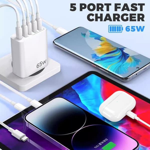 USB-C-lader, 65W 5-ports USB-C-lader med Smart QC 3.0 hurtiglading, USB-strømadapter