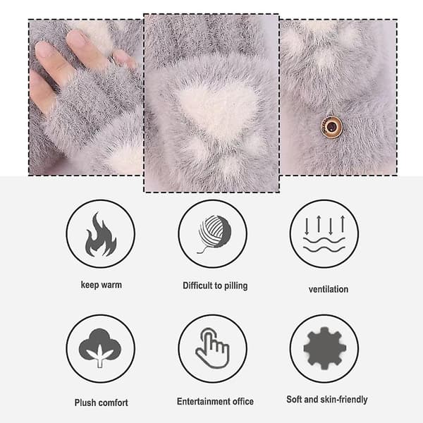 Strikkede plys flip handsker vinter halv finger handsker kvinders søde handsker grey