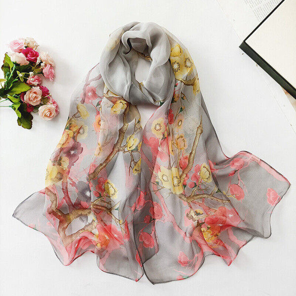 Kvinners lange skjerf, mykt silkesjal, damessjal, chiffon-sjal, tynt, pustende sjal Grey