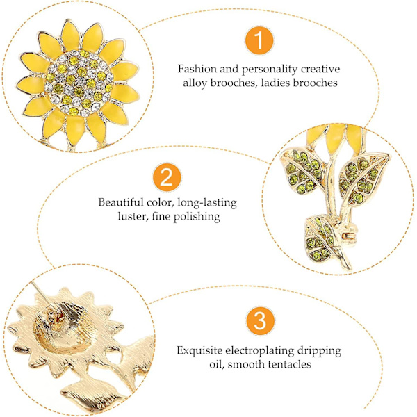 Kvinnors solroskorsagepin solrosform brosch kristall elegant växtblomma strass brosch för damer flickor ryggsäck kläder hatt väska kappa gul