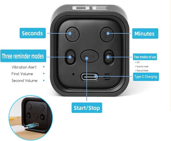 Digital kubtimer, kökstimer gravitationssensor flip timer, barntimer för. Black