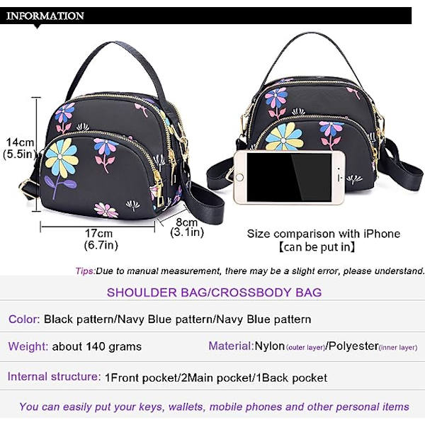 Cross Body Phone Bag til kvinder, nylon pung skuldertaske, 3 lag lynlås mobiltelefon pung med justerbar rem (sort mønster 2)