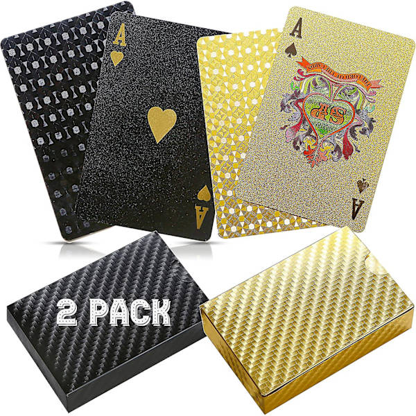 2 Poker Decks Spillekort Mønstret Design Sort Og Guldfolie - Holdbare Og Fleksible Vandtætte Plastikbelagte Kort