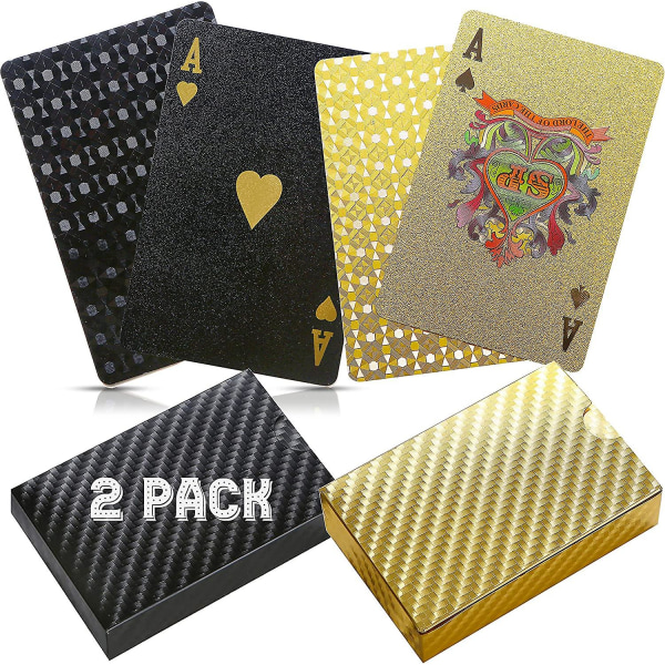 2 pokerdæk spillekort Mønstret design sort og guld folie - holdbare og fleksible vandtætte plastbelagte kort