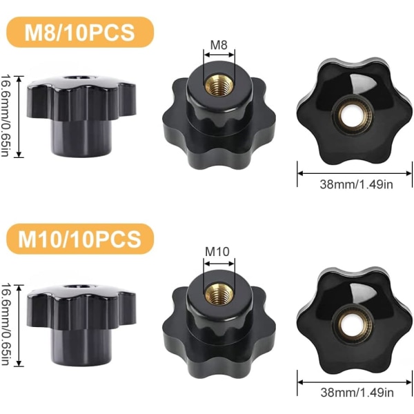 M10 stjerneknapper, 10 stk hunnknapper skruer M10 klemmeskrue knott gjeng hunnknapp stjerneknapp svart plast klemmemutter klemmeskrue knott for - 38mm