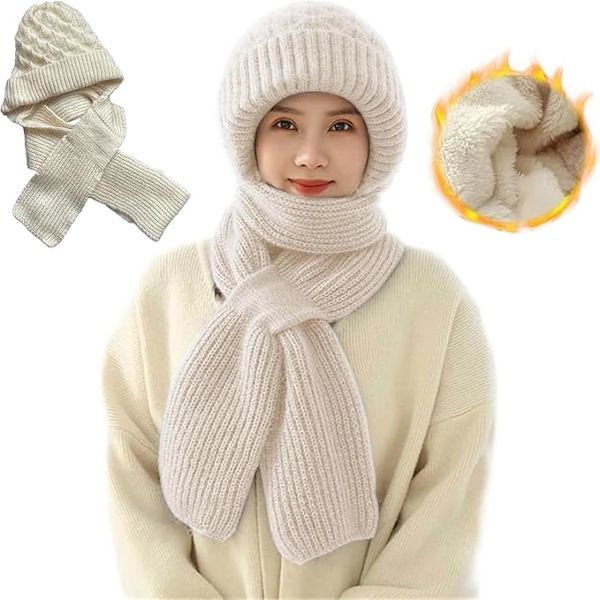 Ørebeskyttelse Vindtett Lue Skjerf 2 i 1 Skjerf Ørebeskytter Lue Plus Fløyel Tykk Vinter Strikket Lue Vinter Varm Strikket Lue Skjerf（Beige）