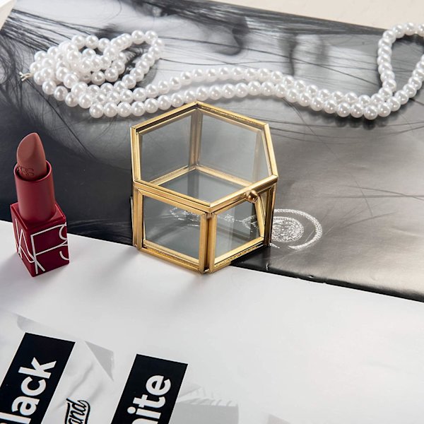Glas Smykker Skrin Tiny Box Ornate Ring Ørering Box Kunstige Blomsterblade Dekorative Box Valentinsdag Bryllup Fødselsdag Gave Golden